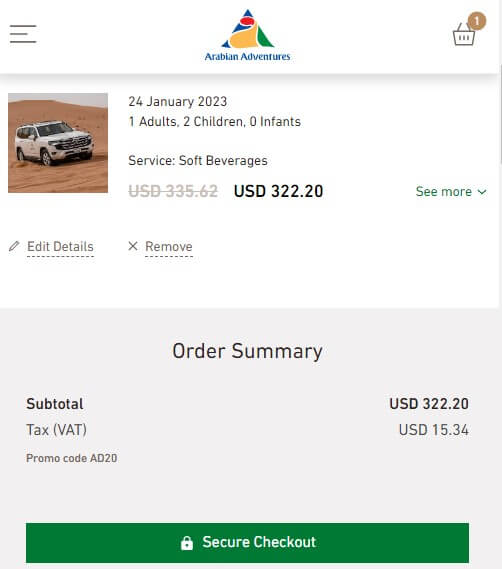 Arabian Adventures discount code application