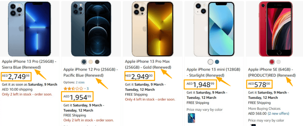 Renewed iPhones and prices from Amazon.ae